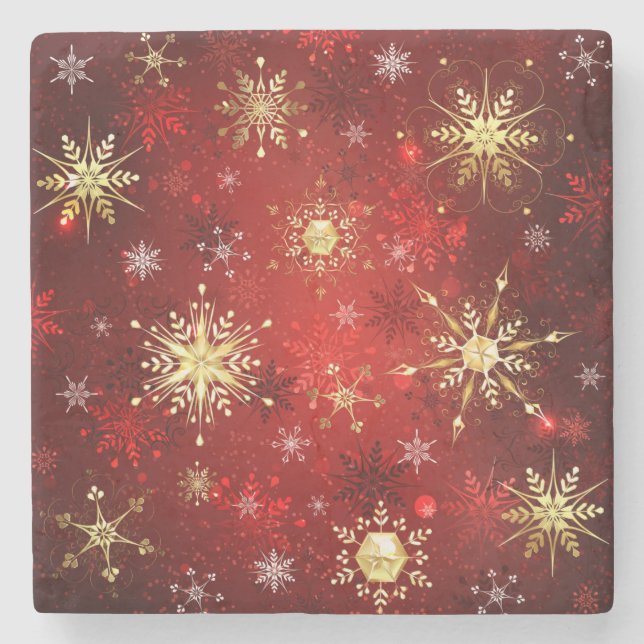 Jul Golden Snöflingor på Röda bakgrunden Stenunderlägg (Framsidan)