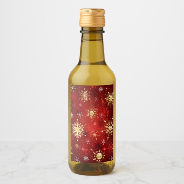 Jul Golden Snöflingor på Röda bakgrunden Vinetikett (Framsida)