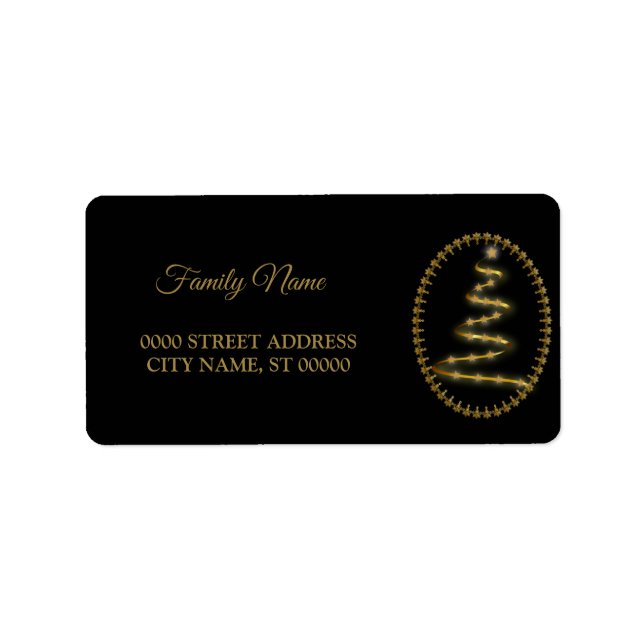 Jul Golden Träd Helgdagars Black Adressetikett (Framsidan)