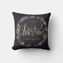 Jul Golden Typography White Snöflingor Black Kudde