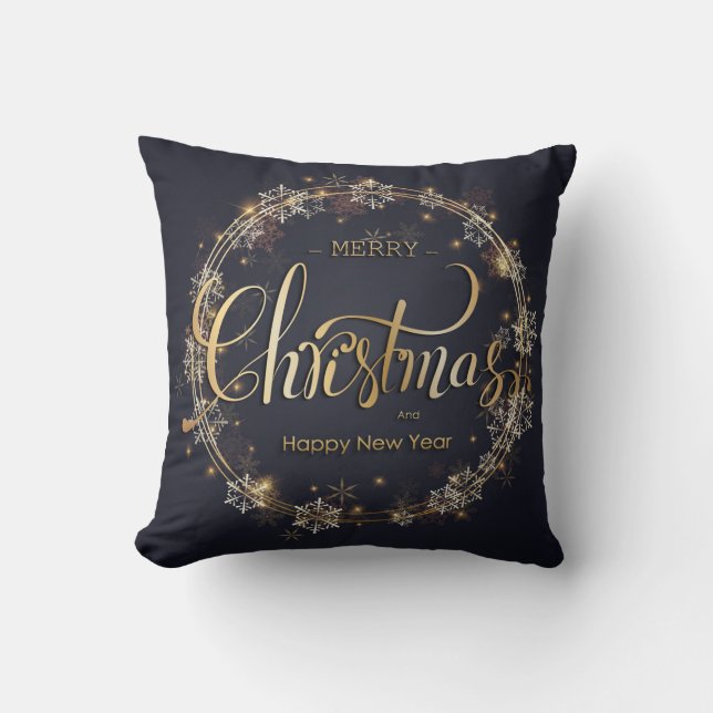 Jul Golden Typography White Snöflingor Black Kudde (Framsida)