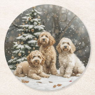 Jul Goldendoodle Puppy Hundar Underlägg Papper Rund