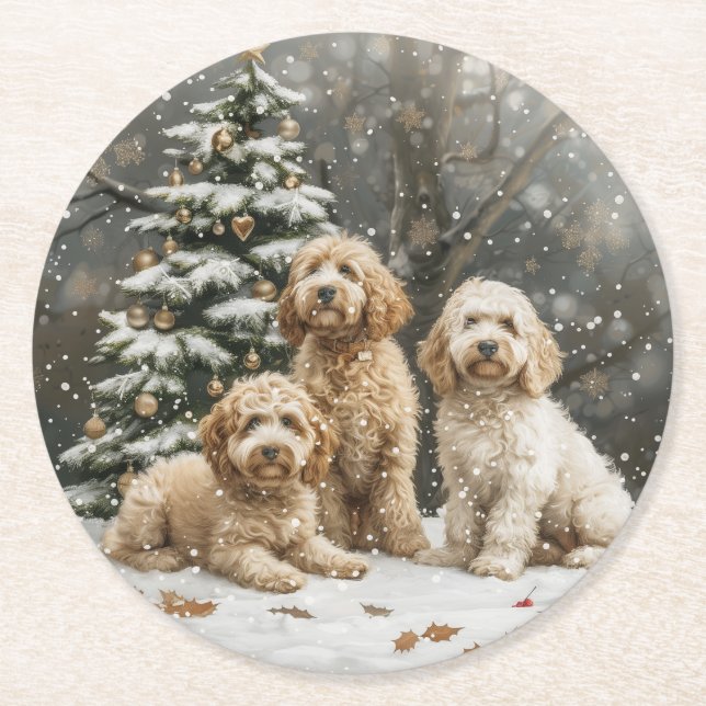 Jul Goldendoodle Puppy Hundar Underlägg Papper Rund (Framsidan)