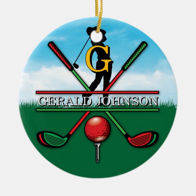 Jul Golfer Monogram Design Julgransprydnad Keramik (Framsidan)