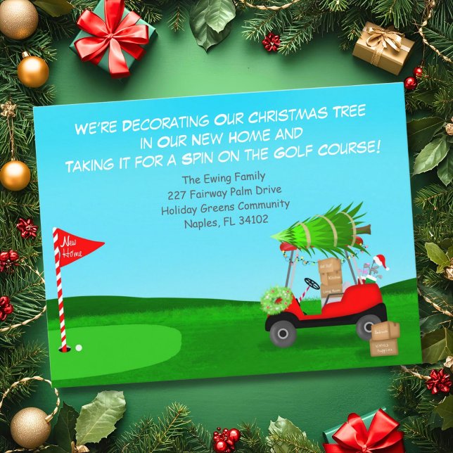 Jul golfkärra med flyttkartonger golfbana meddelande vykort (Skapare uppladdad)
