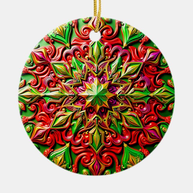 JUL Granat Gul Grön 3D Stjärna ~ Julgransprydnad Keramik (Framsidan)