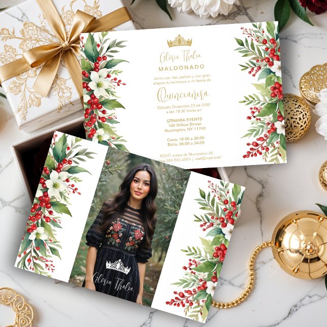 Jul Gräns XVs Holly Sweet Blommigt Spanska Inbjudningar (Christmas Border Inspirations Holly Sweet Floral Spanish Photo Mis XV Invitations Cards. )