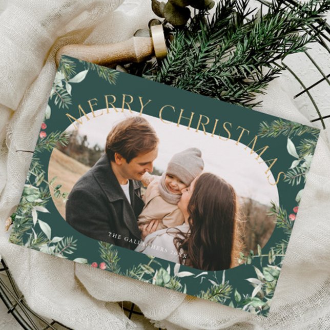 Jul Greenery Foliage Guld Glitter Photo Helg Vykort (Elegant Christmas Greenery Foliage Photo Holiday Postcard.)