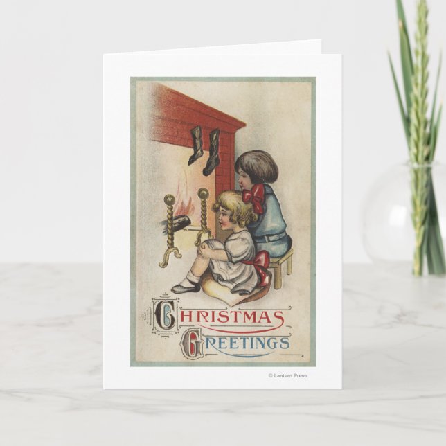 Jul GreetingLittle Girls by Fireplace Helgkort (Framsida)