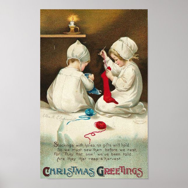 Jul Greetings Kids Sewing jul Socks Poster (Framsidan)