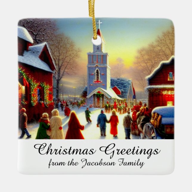 Jul Greetings Village Churchgoers Kitsch Julgransprydnad Keramik (Framsida)