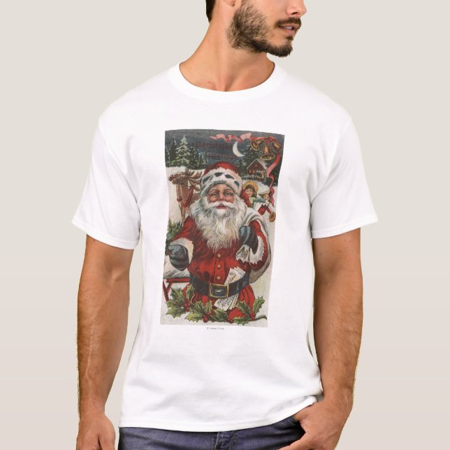 Jul GreetingSanta med hjort och ungar Tee Shirt (Framsida)