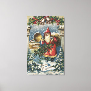 Jul GreetingSanta och skivspelare Canvastryck
