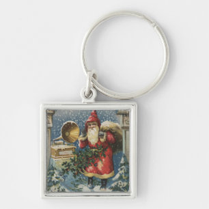 Jul GreetingSanta och skivspelare Fyrkantig Silverfärgad Nyckelring
