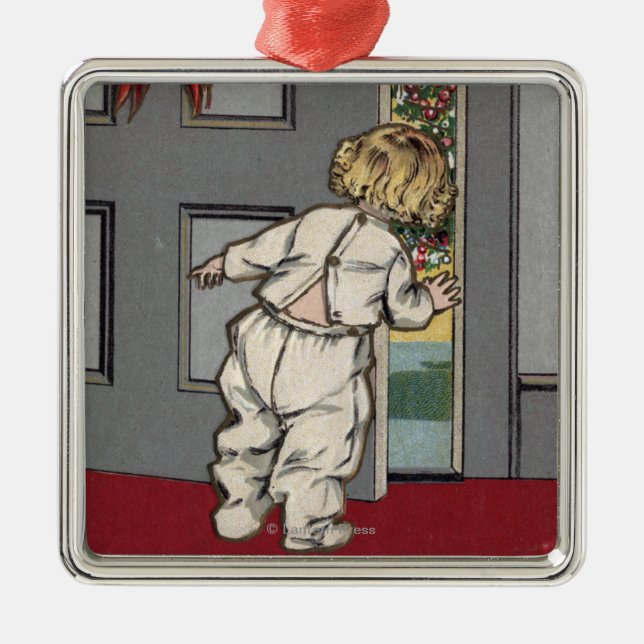 Jul GreetingsKid som kikar för Santa Julgransprydnad Metall (Framsidan)