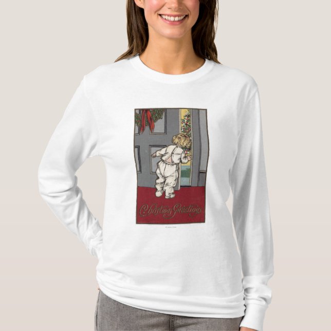 Jul GreetingsKid som kikar för Santa Tee (Framsida)