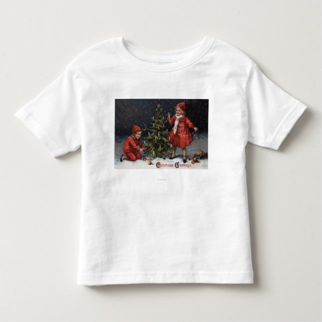 Jul GreetingsKids som dekorerar ett träd T Shirt (Framsida)