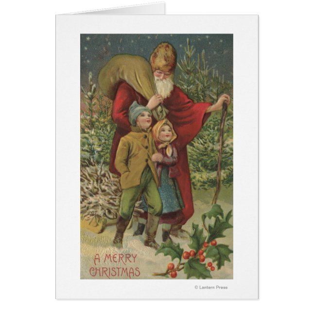 Jul GreetingTomten Walking med Kids Hälsningskort (Framsidan)