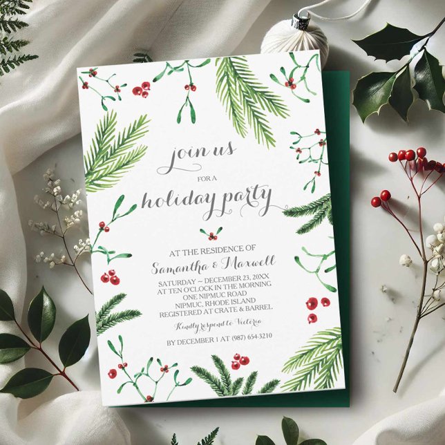 Jul Grey Party-inbjudan Inbjudningar (Holiday party invitations red and green botanicals)
