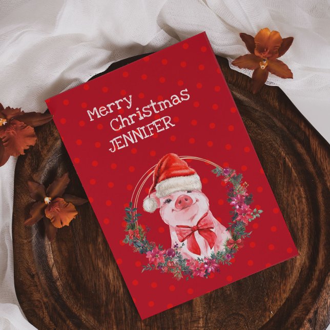 Jul Gris Cute Piglet Bow Wand Polka dots Julkort (Skapare uppladdad)