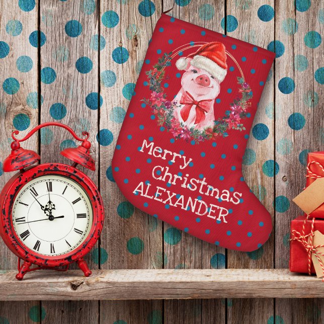 Jul Gris Cute Piglet Bow Wand Polka dots Stor Julstrumpa (Skapare uppladdad)