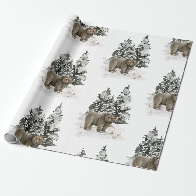 Jul Grizzly Bear Woodland Forest Snö Gift Presentpapper (Utrullad)