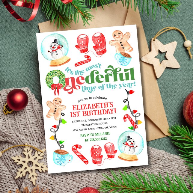 Jul, grym, ONEDERFUL, första födelsedag Inbjudningar (Cute Christmas Most ONEDERFUL First Birthday Invitation)