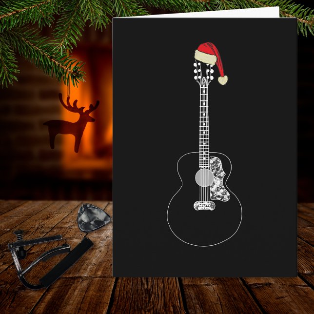 Jul Guitar-coolan - minimalistisk svartvit Kort (Simple black and white christmas guitar wearing a Santa hat music themed holiday greetings card)