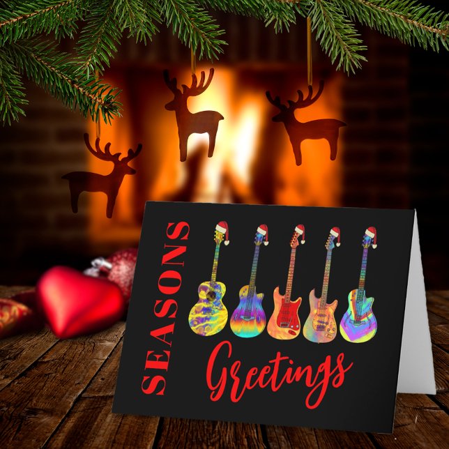 Jul Guitars Färgstarka Säsonhälsningar Helgkort (Music themed Christmas guitars seasons greetings red and black personalized holiday card)
