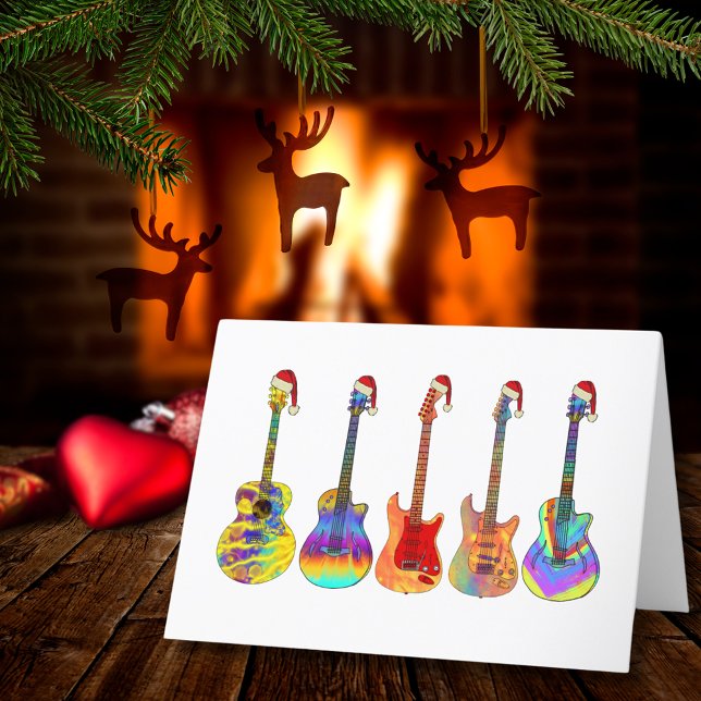 Jul Guitars Funky Psychedelic Funny Festive Helgkort (Christmas guitars wearing santa hats music themed holiday greetings card)