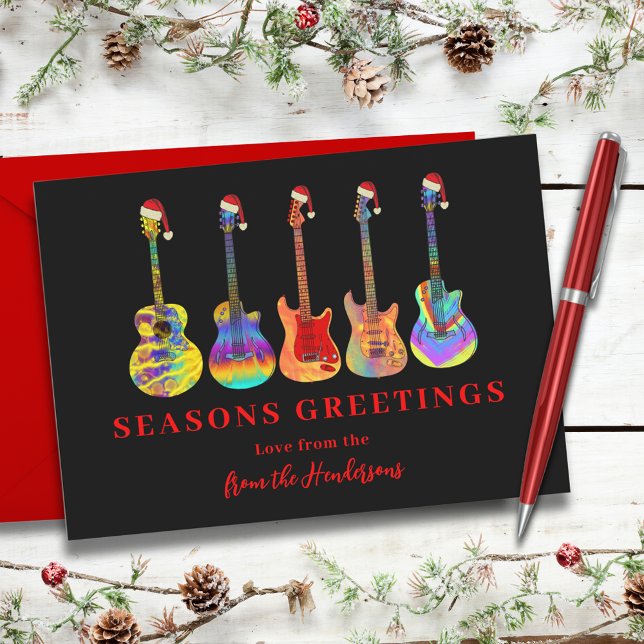 Jul Guitars i Santa Hats Säsonhälsningar Julkort (Cool music seasons greetings colorful guitars wearing Santa hats red and black holidays card)