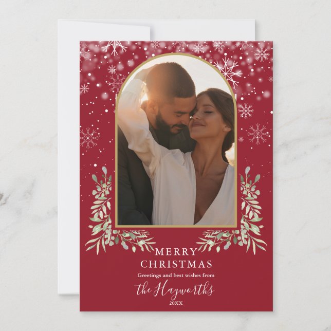 Jul Guld Båg Foto Blomster Grönska Julkort (Framsida)