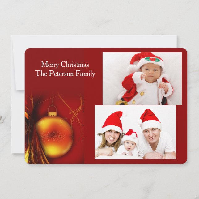 Jul Guld Bauble med Red Two Photo Flat Card Julkort (Framsida)