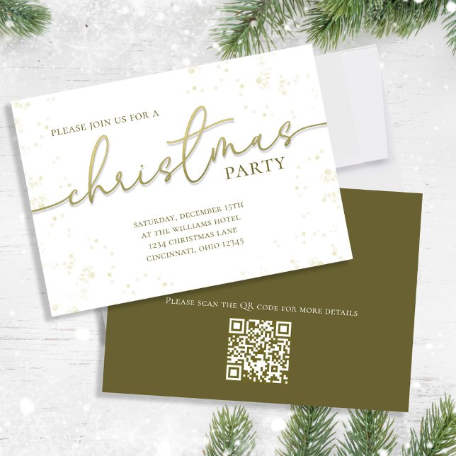 Jul Guld Calligraphy-skript Enkel QR-kod Inbjudningar (Christmas party gold gradient calligraphy script invitation. With a modern QR Code. )