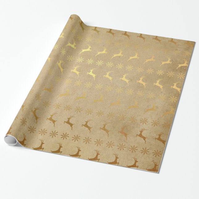Jul Guld Foil Reindeer and Snowflake Presentpapper (Utrullad)