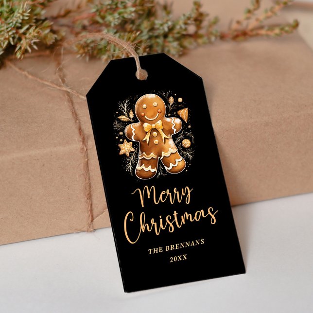 Jul Guld Gingerbröd Merry Festive Helgdag Presentetikett (Christmas Gold Gingerbread Merry Festive Holiday Gift Tags)