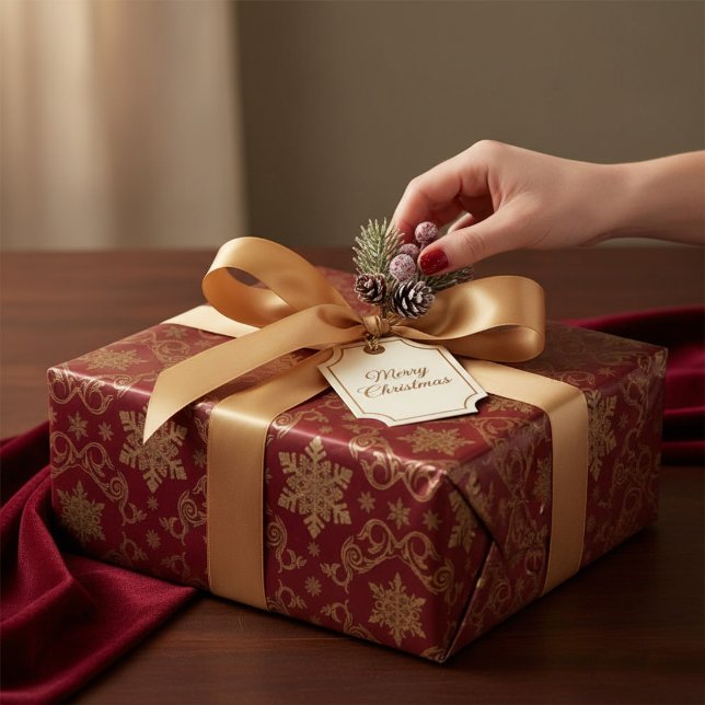 Jul Guld & Röd Royal Damast Snöflinga Presentpapper (Skapare uppladdad)