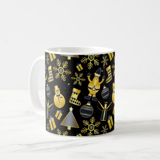 Jul Guld Santa Snögubbe Stocking Mönster Kaffemugg (Framsida vänster)