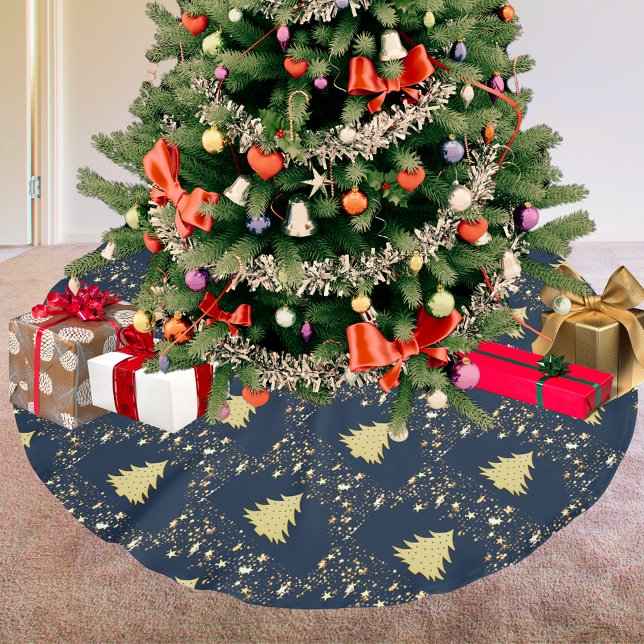 Jul Guld Stars och Träd med Baubles Julgransmatta Borstad Polyester (Christmas Gold Stars and Tree with Baubles Brushed Polyester Tree Skirt)