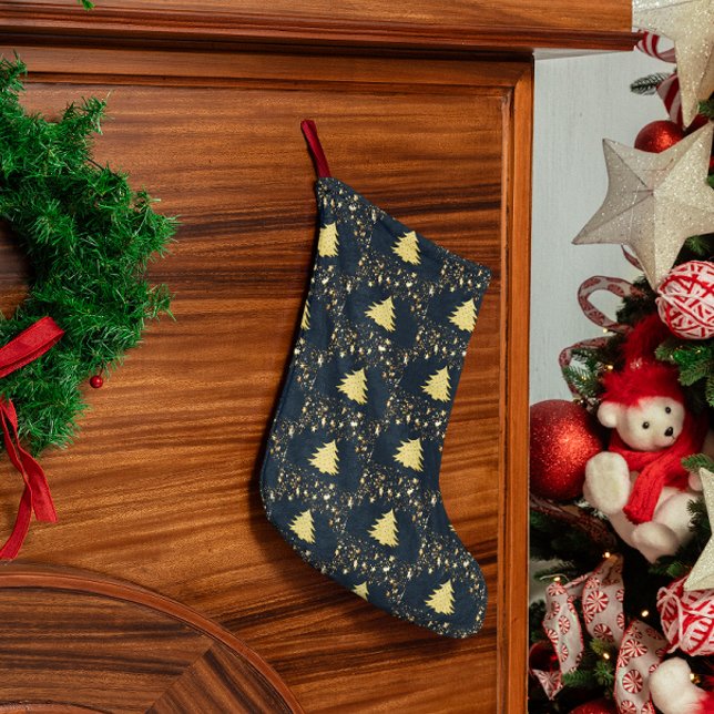 Jul Guld Stars, Träd. Baubles Line Blue Stor Julstrumpa (Christmas Gold Stars, Tree. Baubles Lined Blue Large Christmas Stocking)