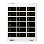 Jul Guld Träd med svart bakgrund Adressetikett<br><div class="desc">Det här är jul-Träd med svart returadressetikett för Guld med svart bakgrund. Den här designfunktionen är ett handskrivet teckensnitt i guld med rulla ram accents på en vit bakgrund i Snö Glitter,  med ett rustiskt texturerat utseende. Anpassningsbar returadress text. Personlig adressetiketter för alla dina utskick.</div>