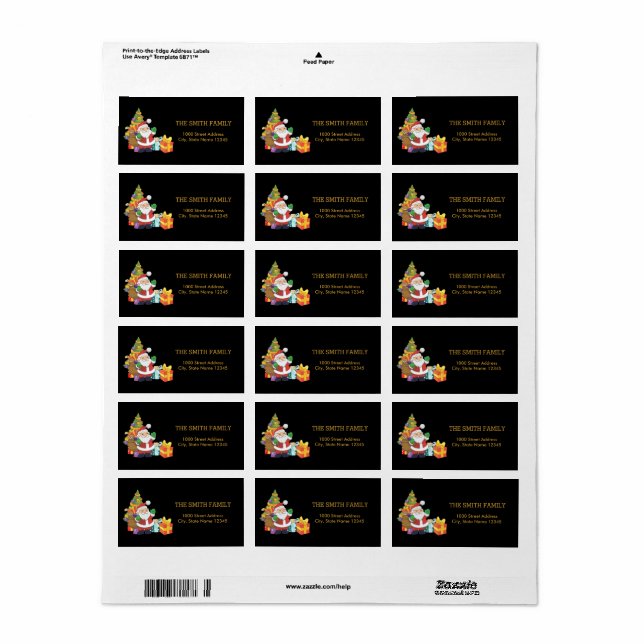 Jul Guld Träd med svart bakgrund Adressetikett (Helt Ark)