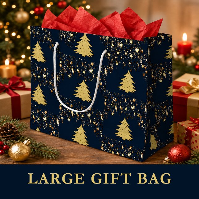 Jul Guldatte Stjärnor och Träd med Prydnader (Christmas Gold Stars and Tree with Ornaments Large Gift Bag)