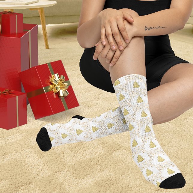 Jul Guldstjärnor, Träd & Vita Unisex Vuxen Strumpor (Christmas Gold Stars, Trees & White Unisex Adult Socks)