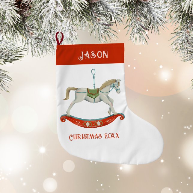 Jul Gunghäst Med Namn Stor Julstrumpa (Christmas Rocking Horse With Name Large Christmas Stocking)