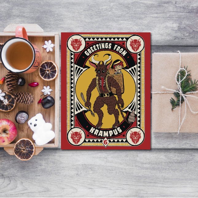 Jul Hälsning från Krampus Sign Carshing Leksak Helg Vykort (What kind of gifts can you expect from Krampus this Christmas?)