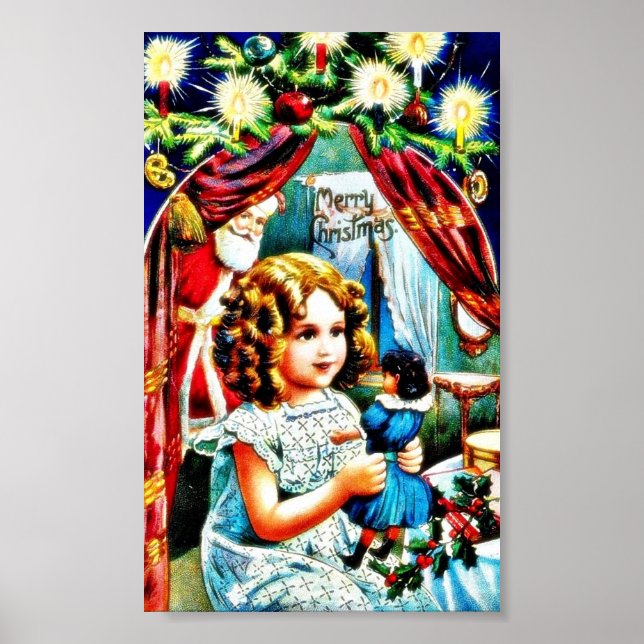 Jul hälsning med en flicka tittar vid leksak, s poster (Framsidan)