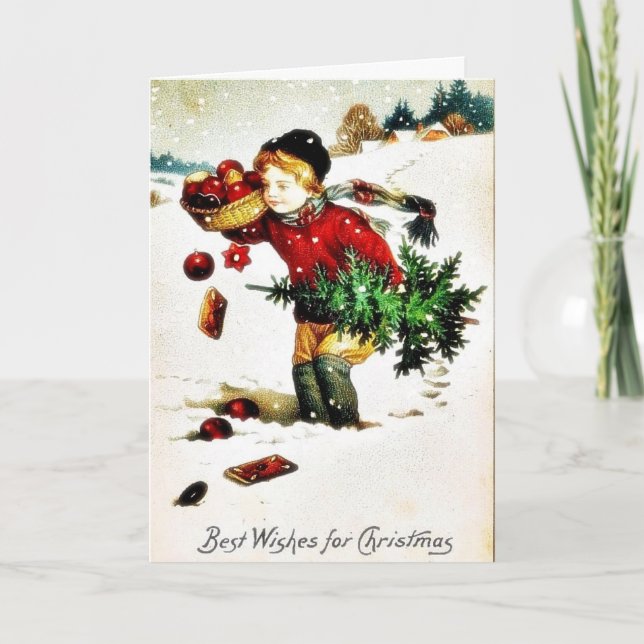 Jul hälsning med en pojke har julgran helgkort (Framsida)