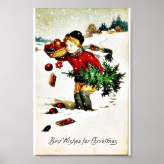 Jul hälsning med en pojke har julgran poster