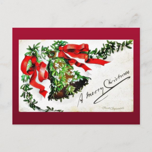 Jul hälsning med klockning med rosett band helg vykort (Framsida)